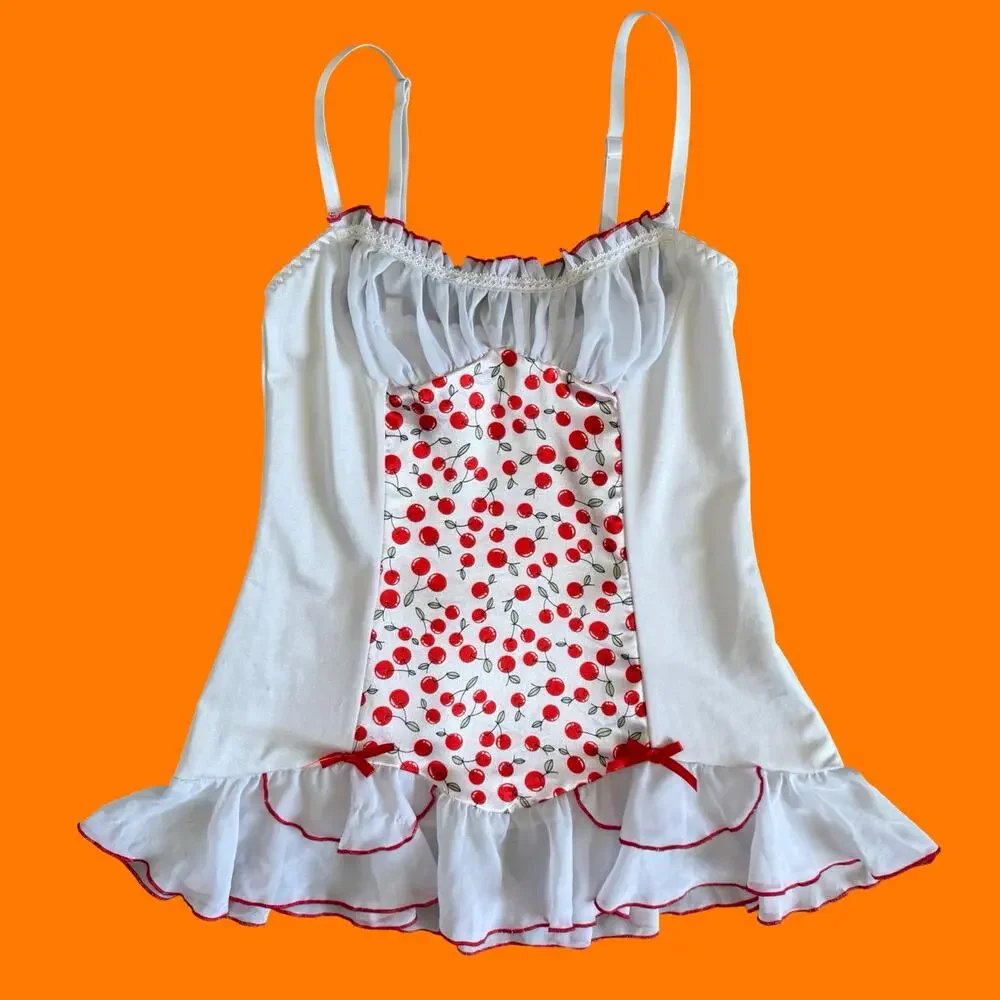 00's vintage white cherry print milkmaid lingerie y2k babydoll XS SMALL - Picture 2 of 8